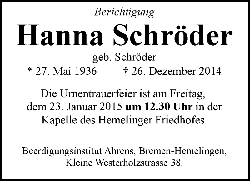Traueranzeige von Hanna Schröder von WESER-KURIER