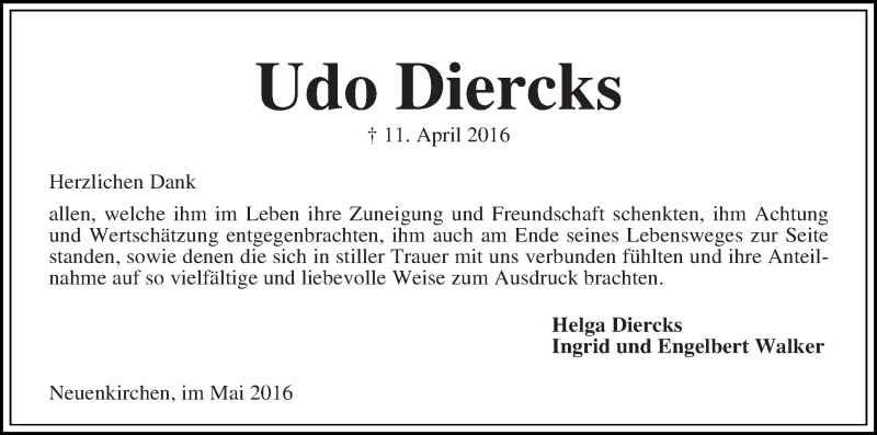 Traueranzeige von Udo Diercks von Die Norddeutsche