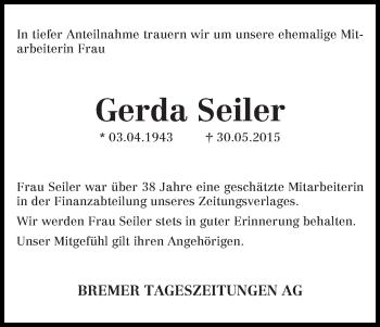 Traueranzeige von Gerda Seiler