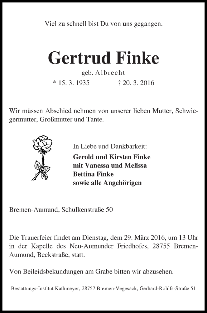 Traueranzeige von Gertrud Finke von Die Norddeutsche