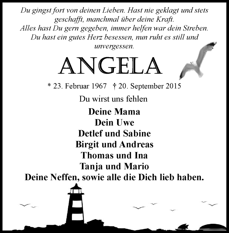  Traueranzeige für Angela Gerken vom 24.09.2015 aus Osterholzer Kreisblatt