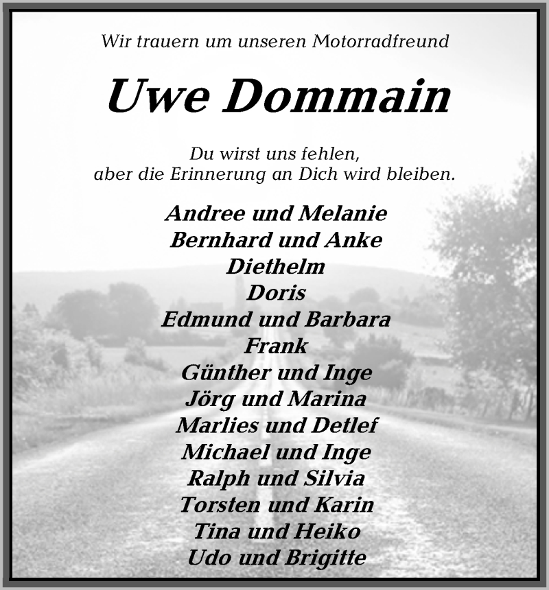 Traueranzeige von Uwe Dommain von Osterholzer Kreisblatt