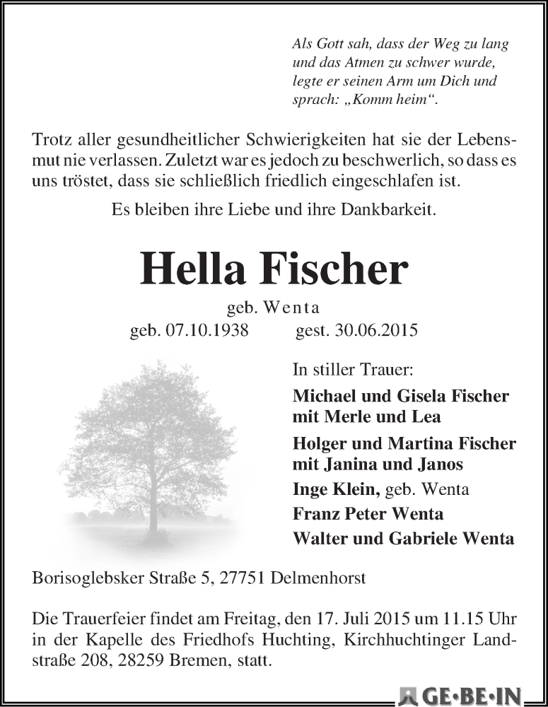 Traueranzeige von Hella Fischer von WESER-KURIER