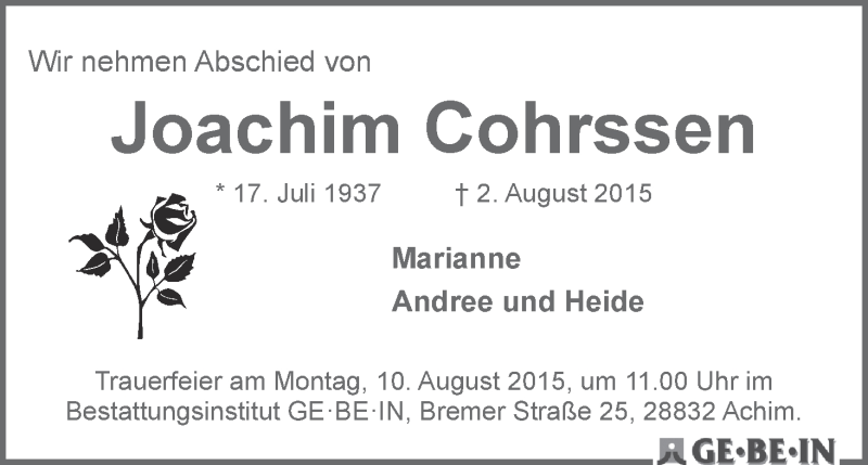 Traueranzeige von Joachim Cohrssen von WESER-KURIER