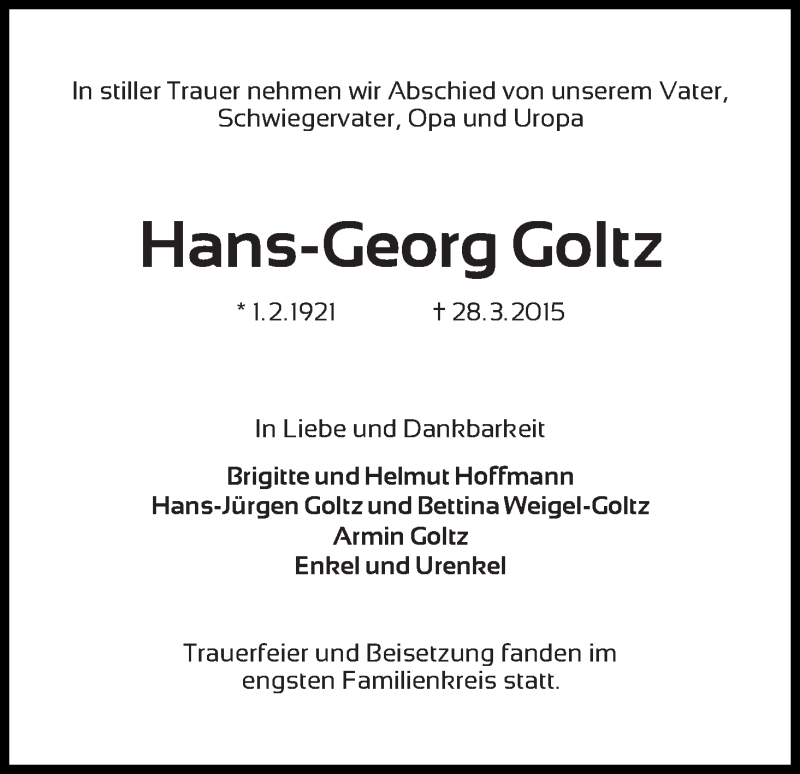  Traueranzeige für Hans-Georg Goltz vom 11.04.2015 aus WESER-KURIER