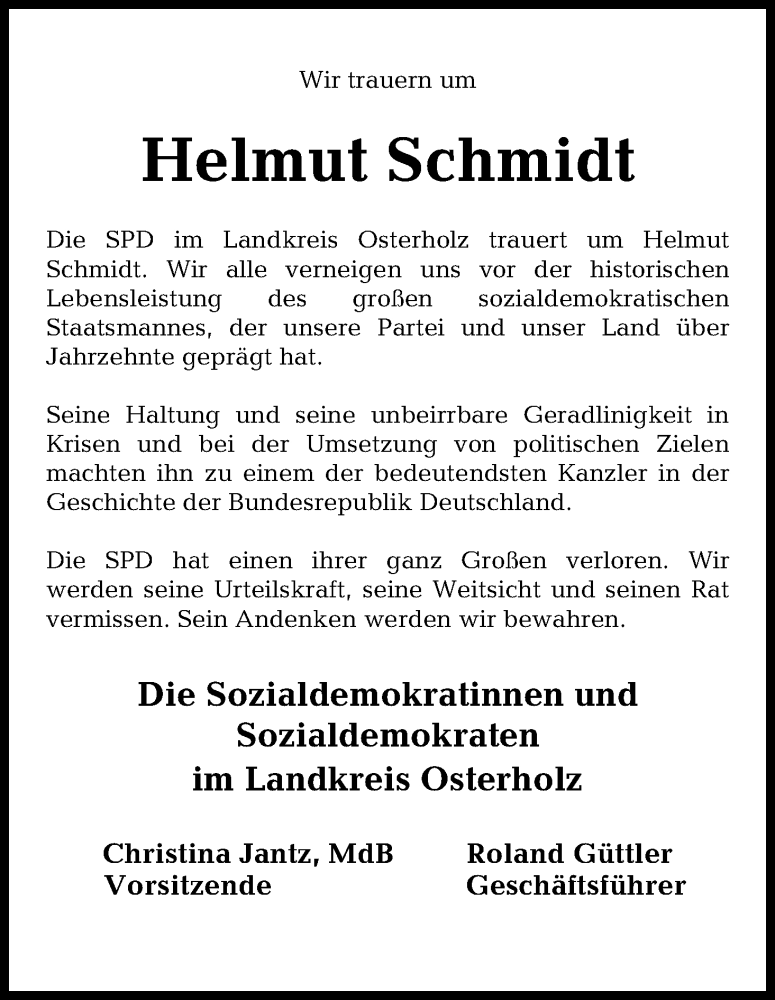 Traueranzeige von Helmut Schmidt von Osterholzer Kreisblatt