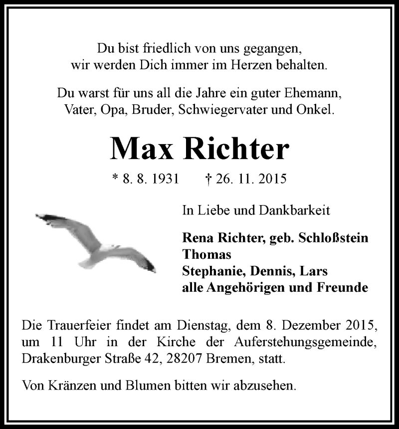 Traueranzeige von Max Richter von WESER-KURIER