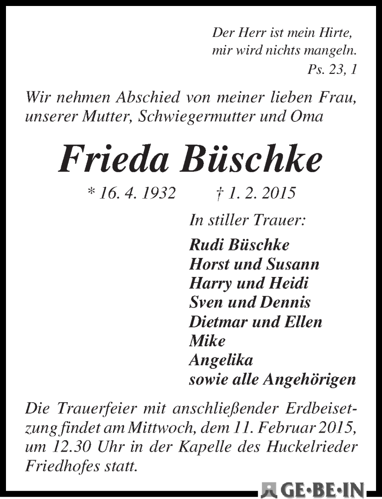 Traueranzeige von Frieda Büschke von WESER-KURIER