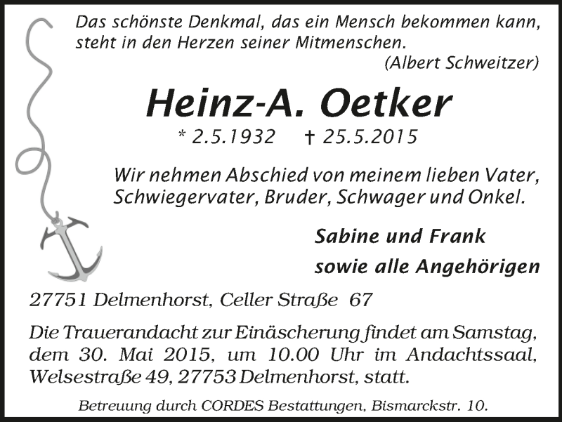 Traueranzeige von Heinz-A. Oetker von WESER-KURIER