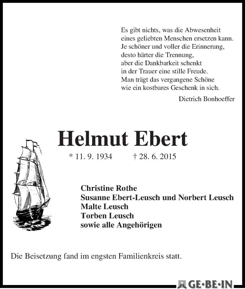 Traueranzeige von Helmut Ebert von WESER-KURIER
