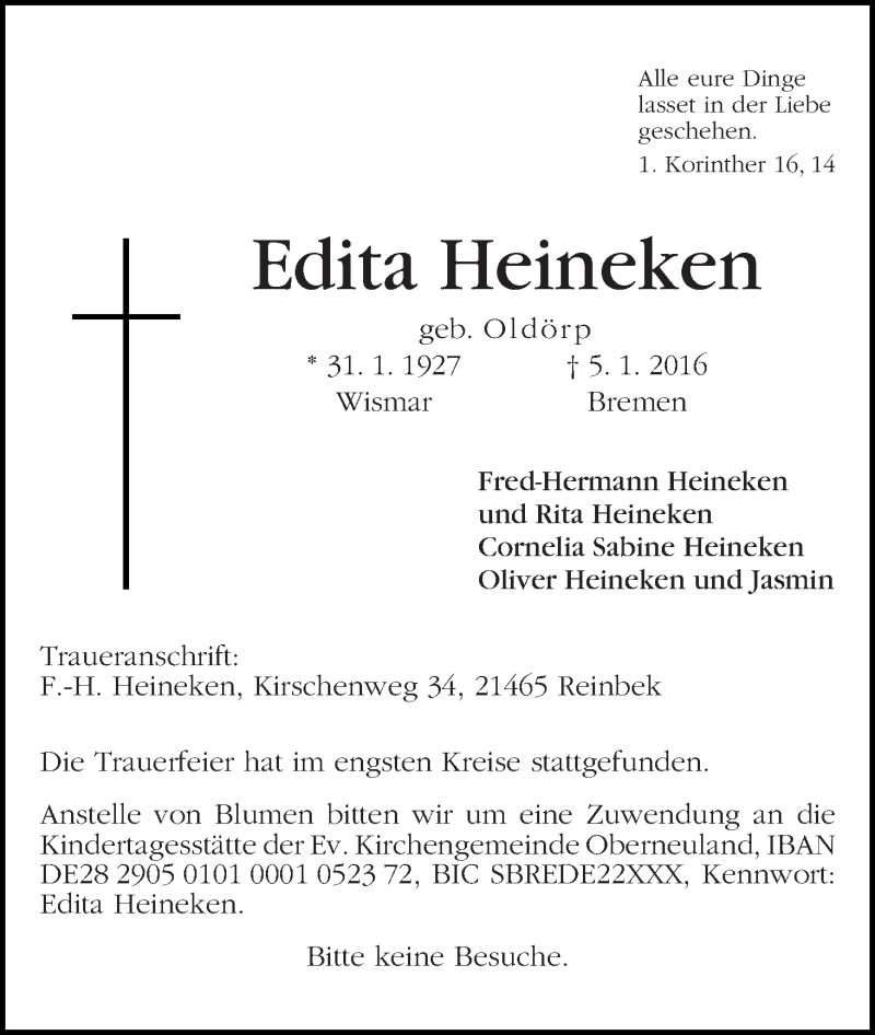 Traueranzeige von Edita Heineken von WESER-KURIER