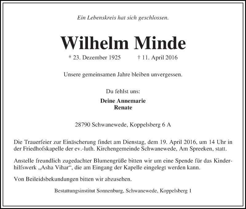 Traueranzeige von Wilhelm Minde von Die Norddeutsche