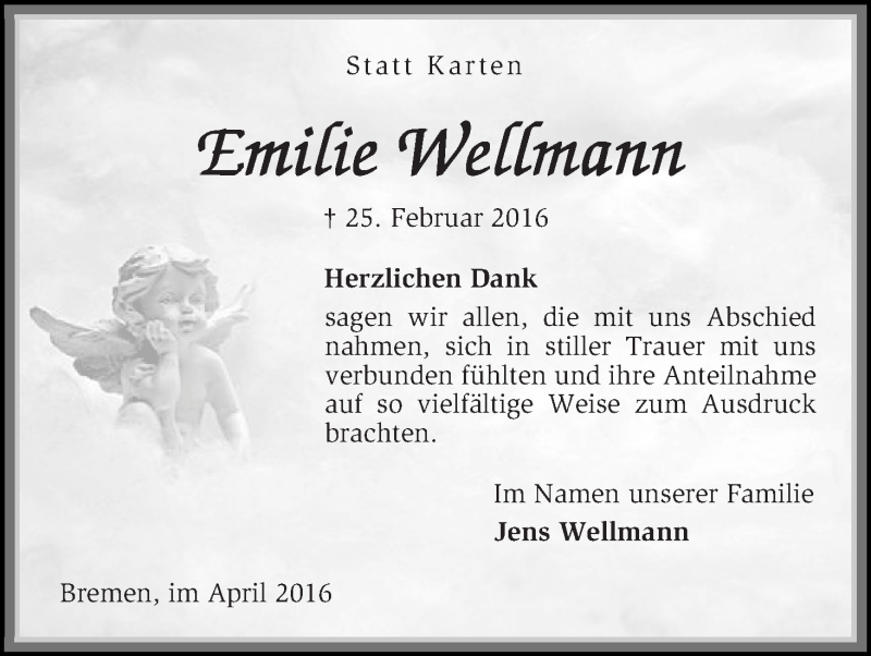 Traueranzeige von Emilie Wellmann von WESER-KURIER