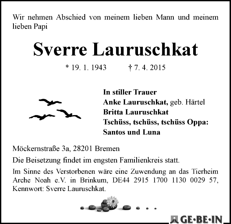  Traueranzeige für Sverre Lauruschkat vom 11.04.2015 aus WESER-KURIER