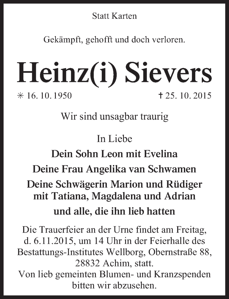 Traueranzeige von Heinz(i) Sievers von WESER-KURIER