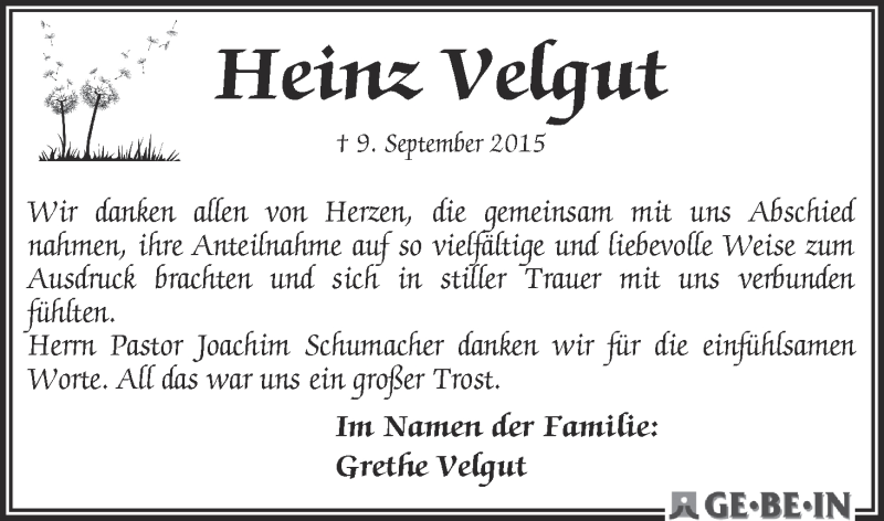 Traueranzeige von Heinz Velgut von WESER-KURIER