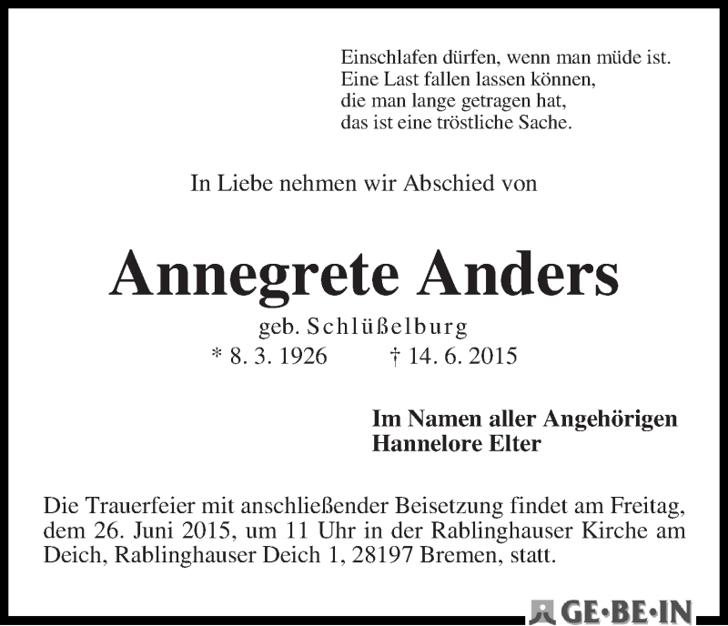 Traueranzeige von Annegret Anders von WESER-KURIER