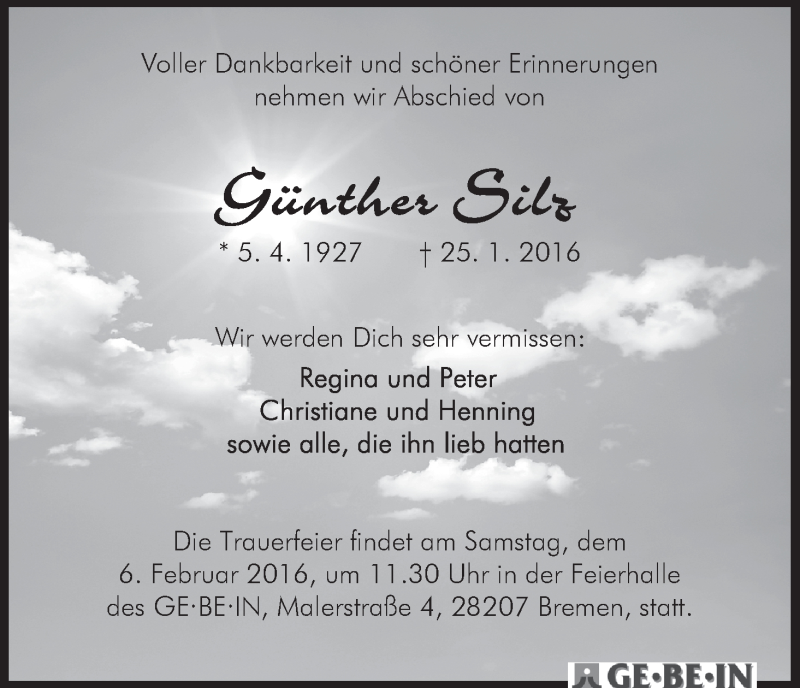 Traueranzeige von Günther Silz von WESER-KURIER