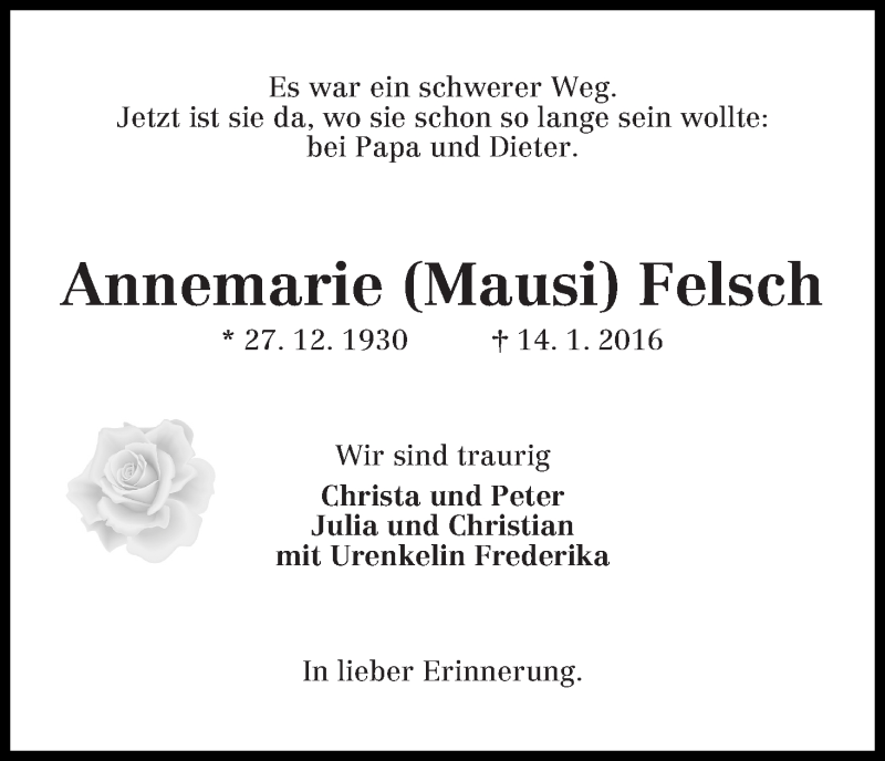 Traueranzeige von Annemarie (Mausi) Felsch von WESER-KURIER
