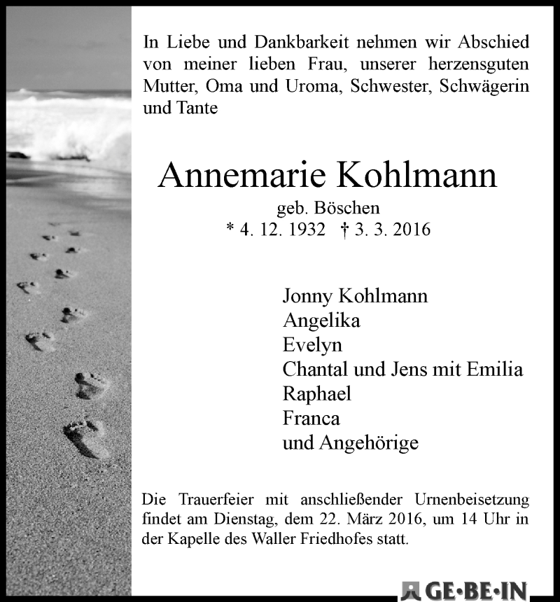 Traueranzeige von Annemarie Kohlmann von Wuemme Zeitung