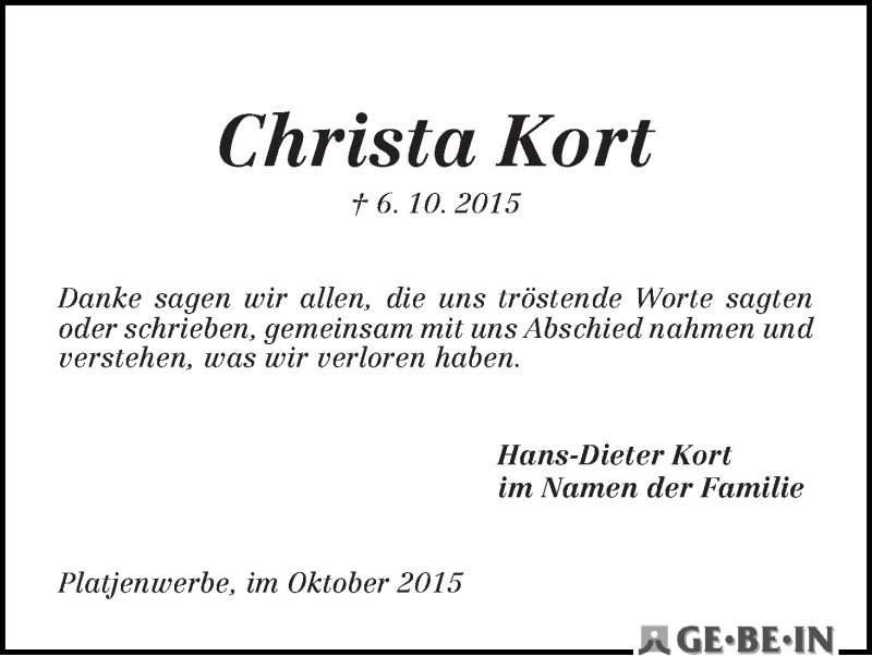 Traueranzeige von Christa Kort von Die Norddeutsche