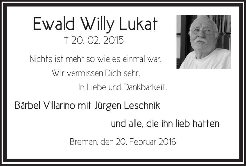  Traueranzeige für Ewald Willy Lukat vom 20.02.2016 aus Die Norddeutsche