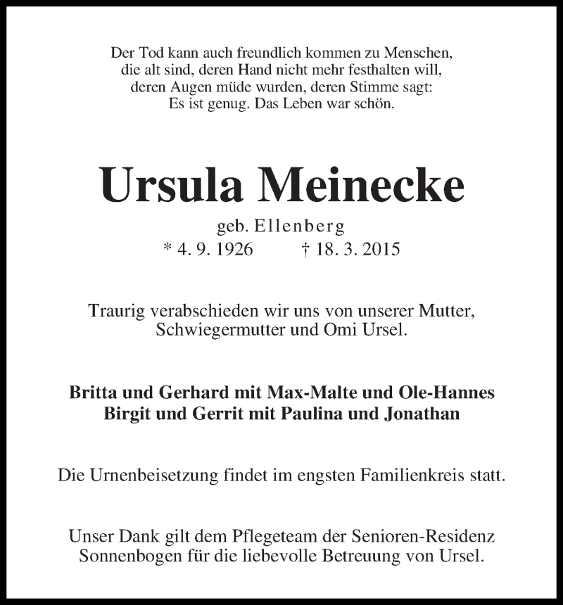  Traueranzeige für Ursula Meinecke vom 21.03.2015 aus WESER-KURIER