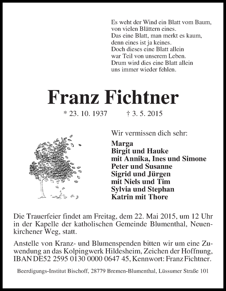 Traueranzeige von Franz Fichtner von Die Norddeutsche