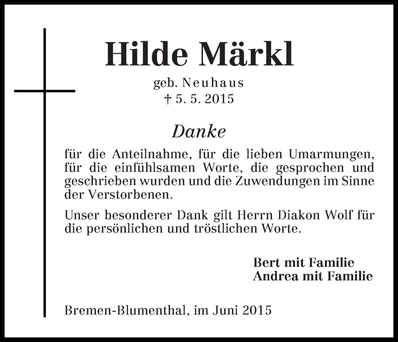 Traueranzeige von Hilde Märkl von Die Norddeutsche