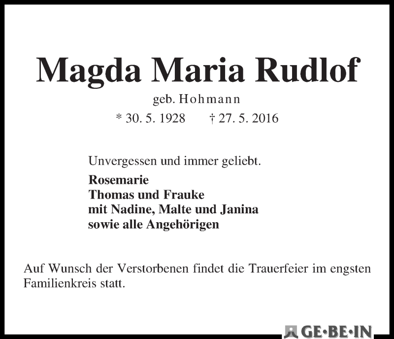 Traueranzeige von Magda Maria Rudlof von WESER-KURIER
