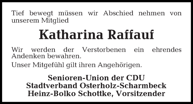 Traueranzeige von Katharina Raffauf von Osterholzer Kreisblatt