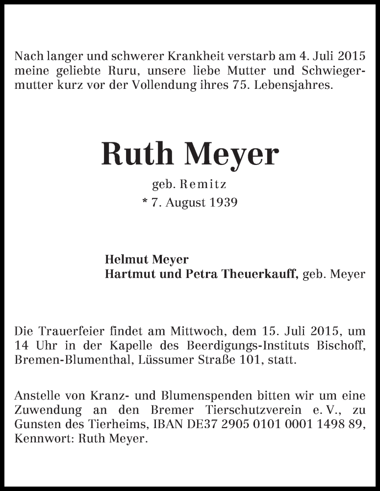 Traueranzeige von Ruth Meyer von Die Norddeutsche