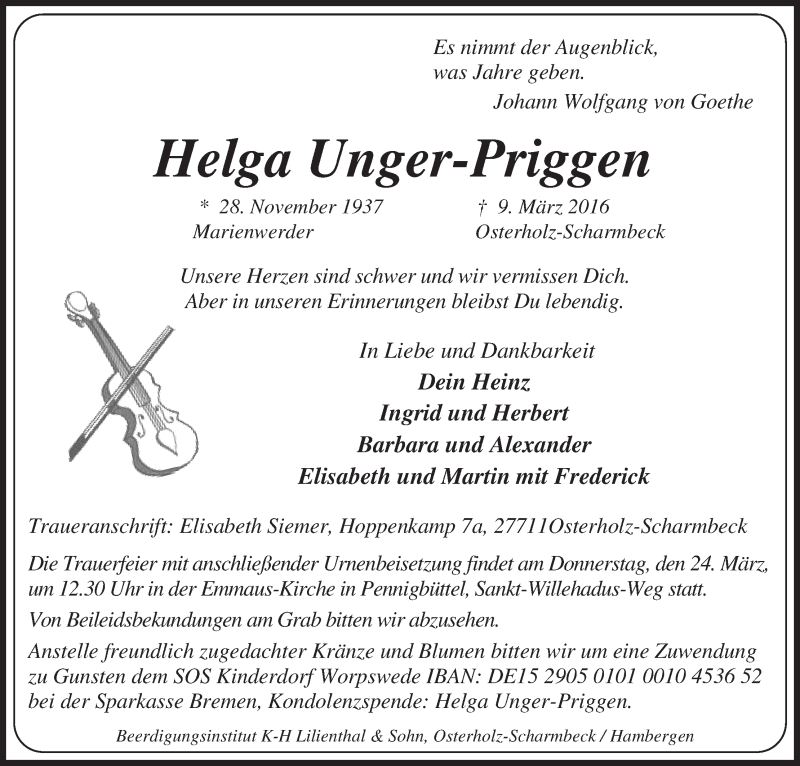 Traueranzeige von Helga Unger-Priggen von Osterholzer Kreisblatt