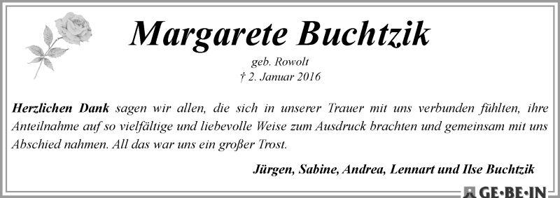 Traueranzeige von Margarete Buchtzik von WESER-KURIER
