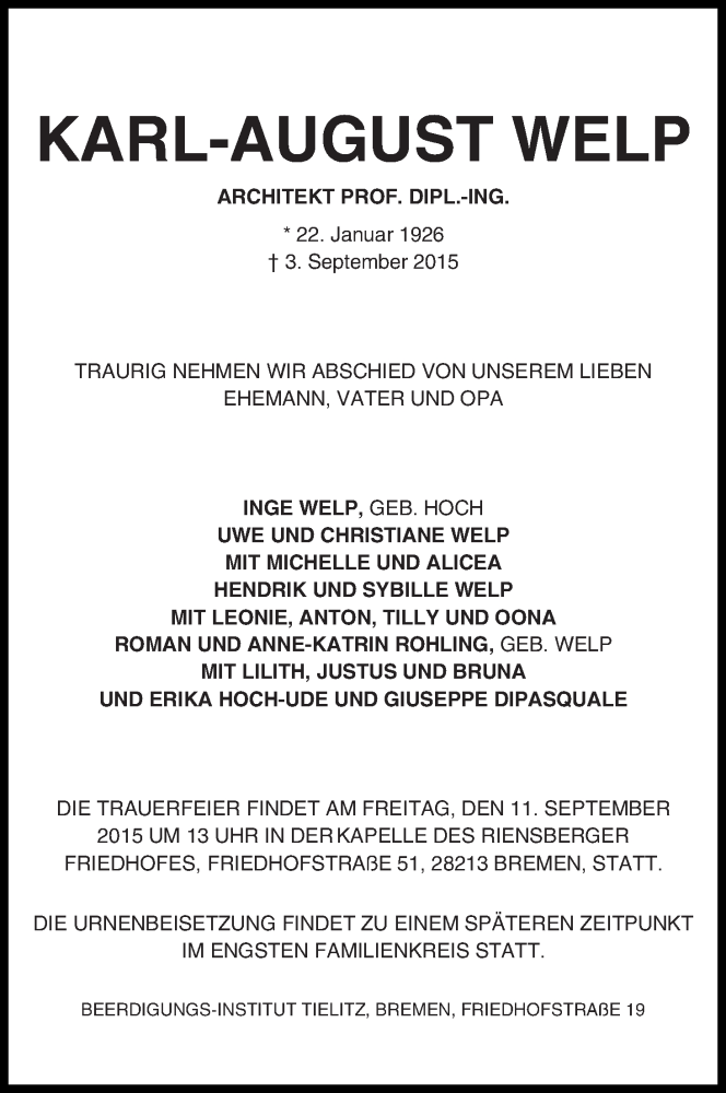 Traueranzeige von Karl-August Welp von WESER-KURIER