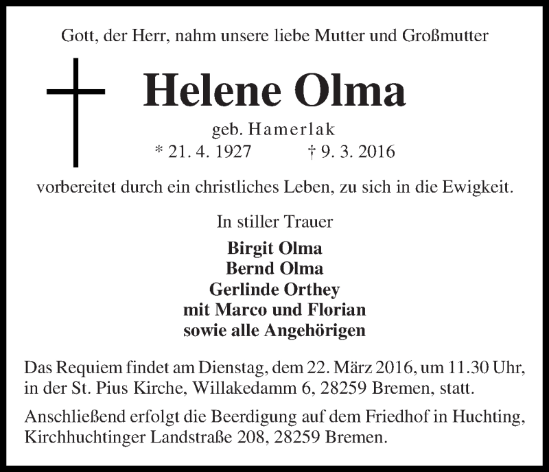 Traueranzeige von Helene Olma von WESER-KURIER