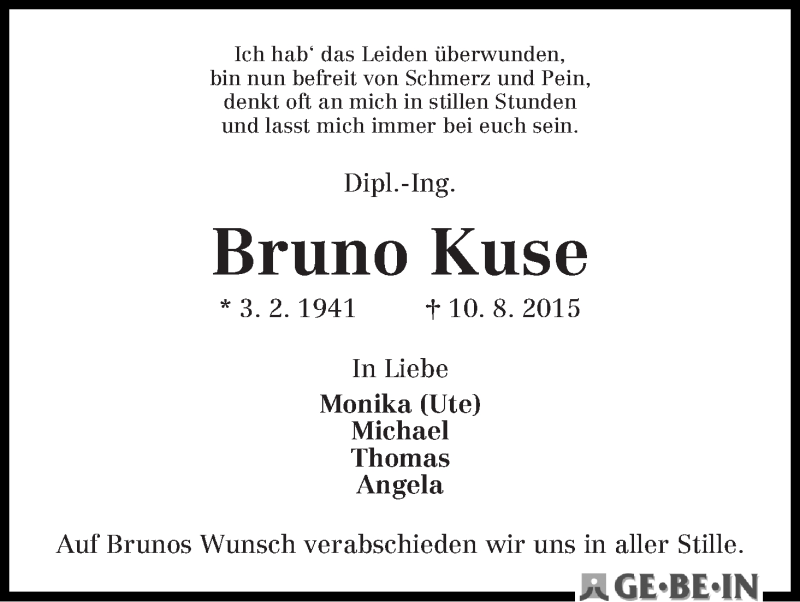 Traueranzeige von Bruno Kuse von WESER-KURIER