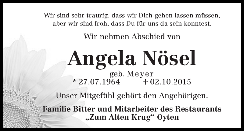  Traueranzeige für Angela Nösel vom 10.10.2015 aus Achimer Kurier/Verdener Nachrichten