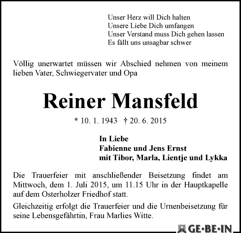 Traueranzeige von Reiner Mansfeld von WESER-KURIER