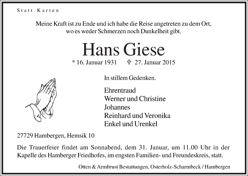 Traueranzeige von Hans Giese von Osterholzer Kreisblatt