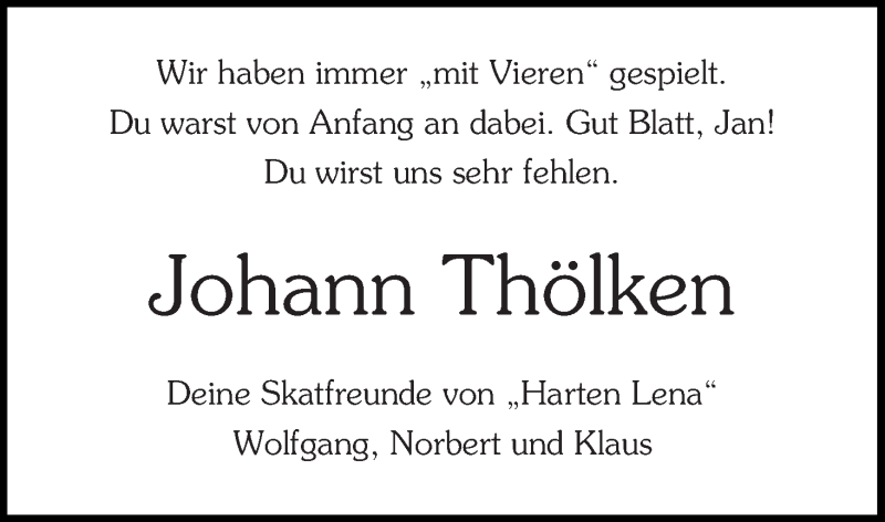 Traueranzeige von Johann Thölken von Wuemme Zeitung