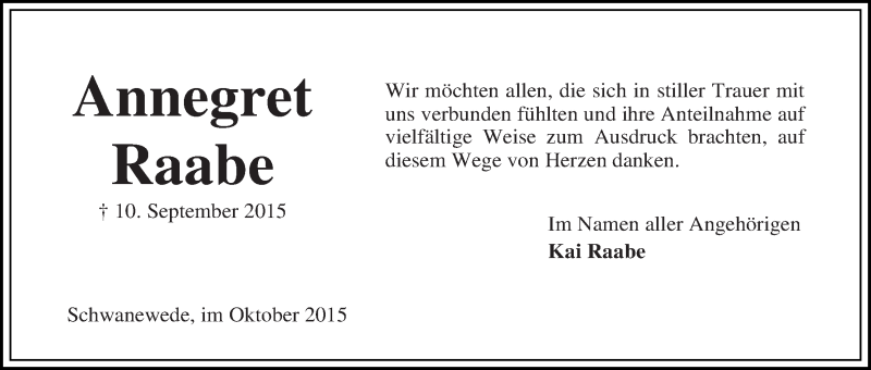 Traueranzeige von Annegret Raabe von Die Norddeutsche