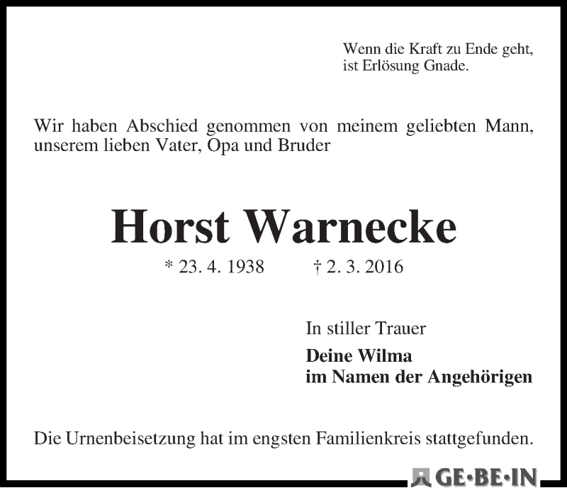 Traueranzeige von Horst Warnecke von WESER-KURIER