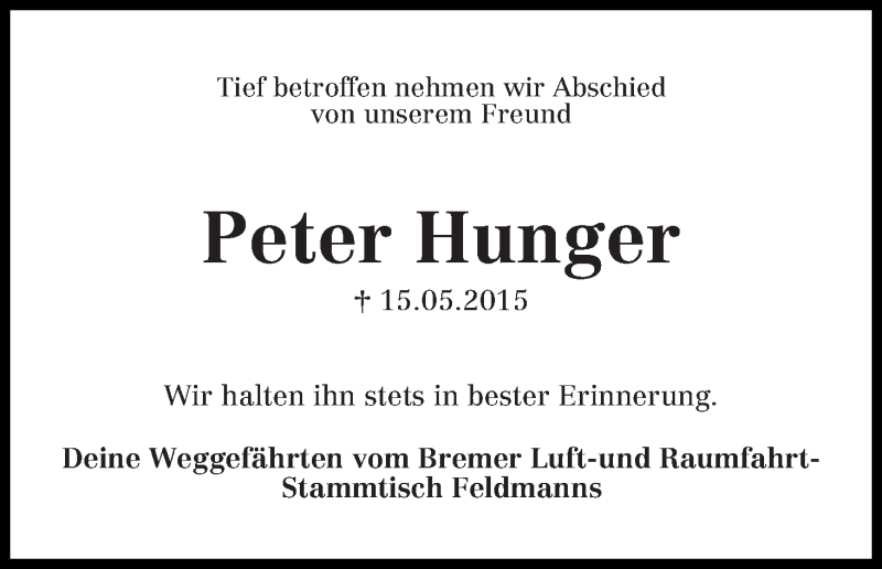 Traueranzeige von Peter Hunger von WESER-KURIER