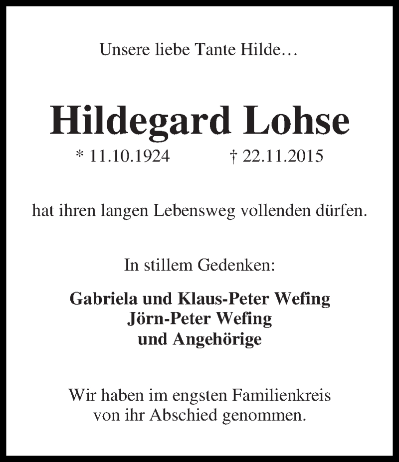 Traueranzeige von Hildegard Lohse von WESER-KURIER