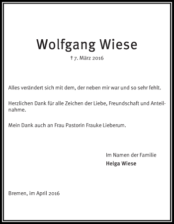 Traueranzeige von Wolfgang Wiese