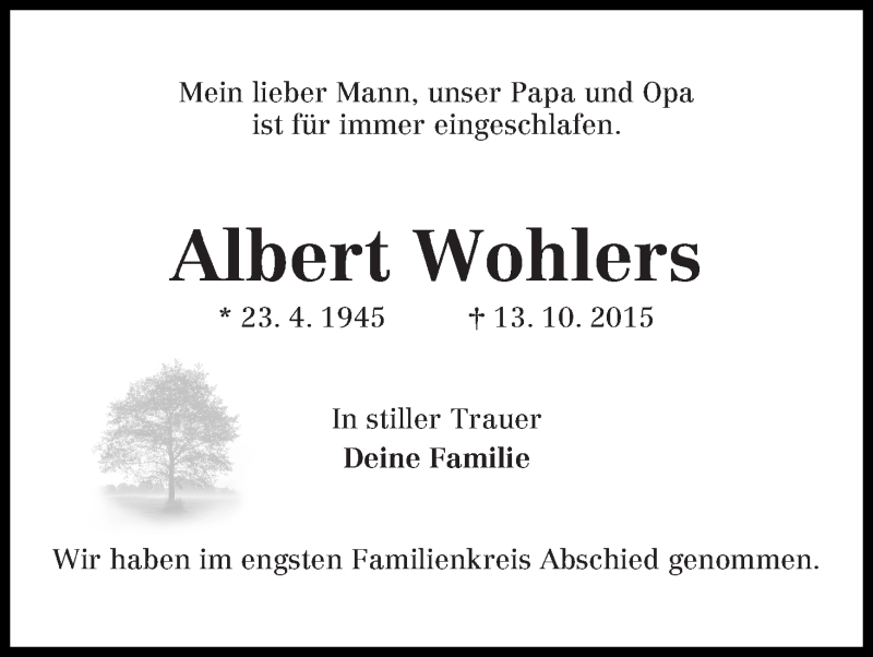 Traueranzeige von Albert Wohlers von WESER-KURIER