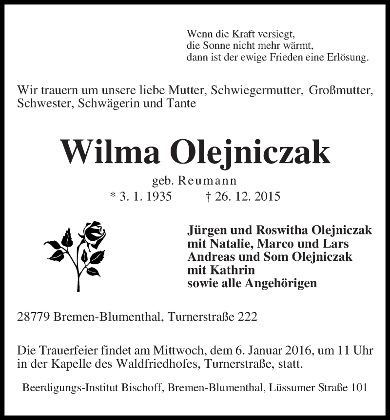 Traueranzeige von Wilma Olejniczak von Die Norddeutsche