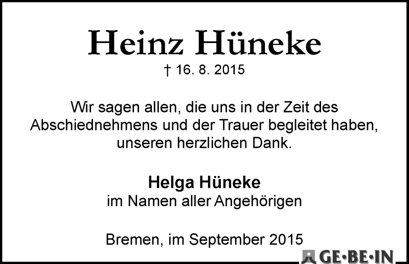Traueranzeige von Heinz Hüneke von WESER-KURIER