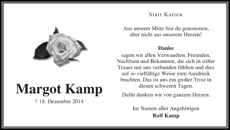 Traueranzeige von Margot Kamp von Wuemme Zeitung